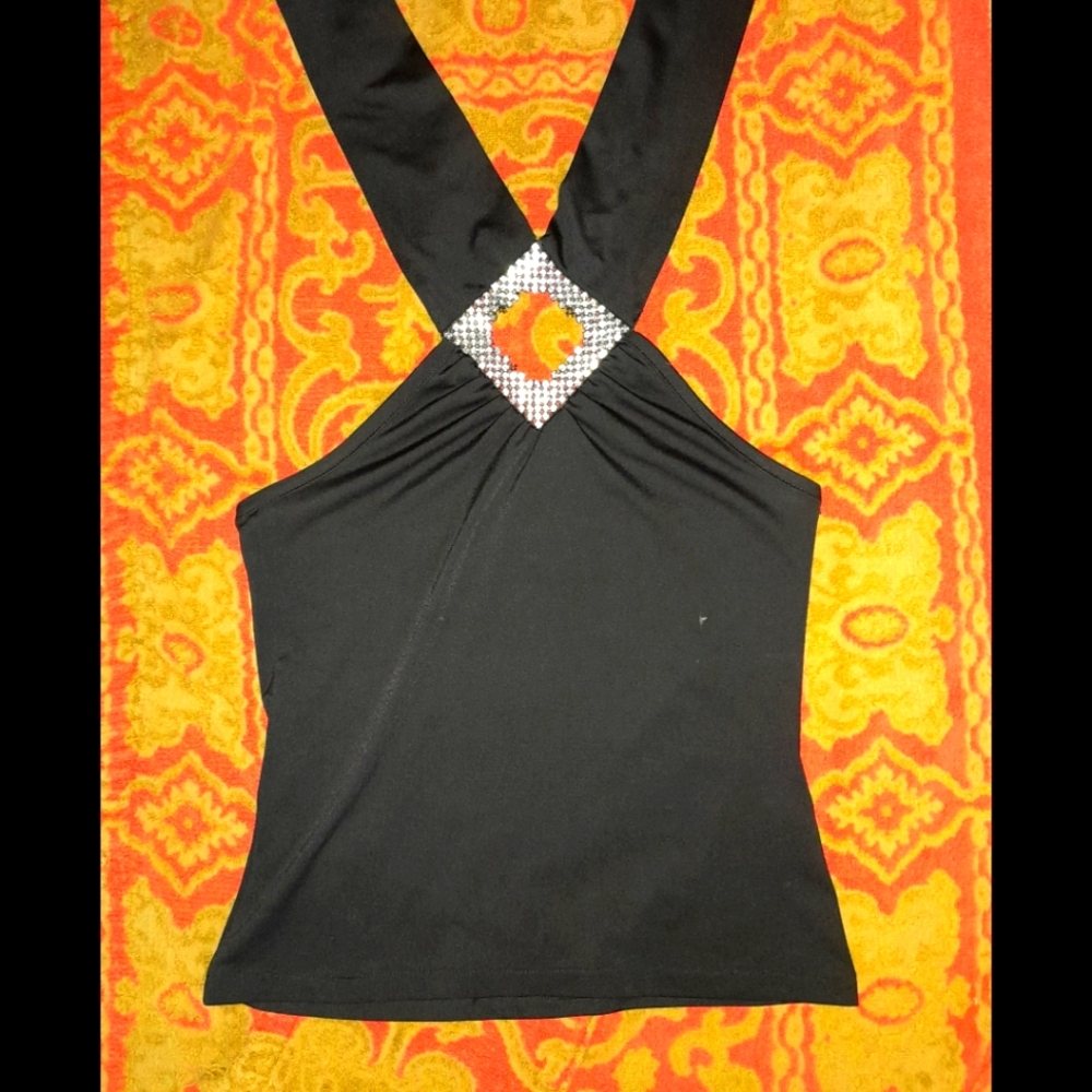 Vintage Y2K Rhinestone Embellished Keyhole Black Halter Tie Neck
